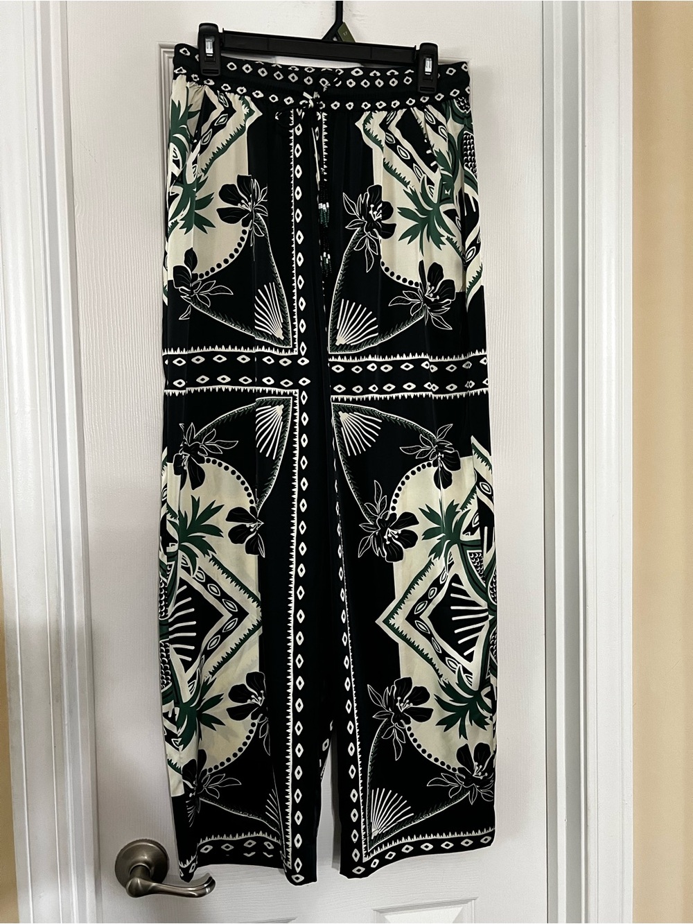 Black, Green & Ivory Tropical Print-High Waisted-Wide Leg Flowy Boho Pants.